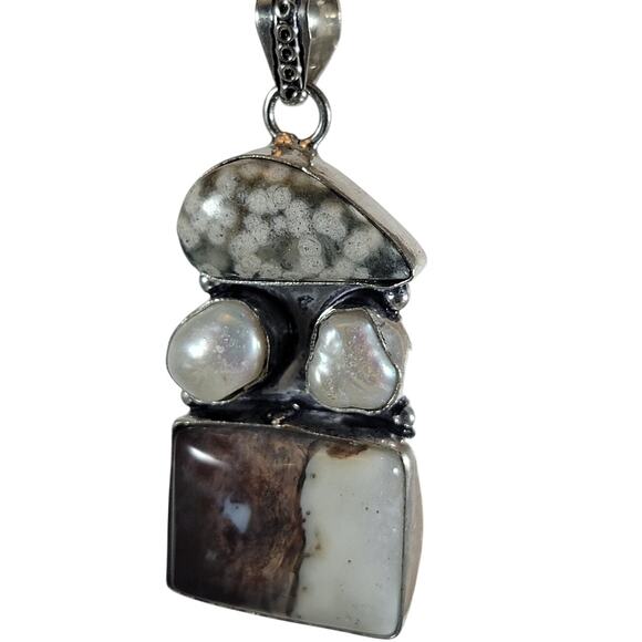 Handmade Silver Pendant With Fossil Coral, Pearl & Rare Petrified Wood Gemstones - Picture 1 of 10